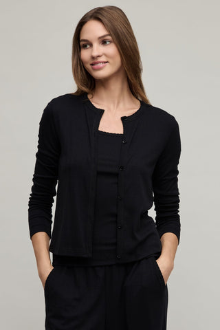 Pointelle Rib Cardigan with Scallop Trim - Black // Barefoot Dreams