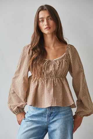 Liesel Gingham Peplum Top - Brown