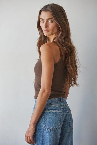Padded Ribbed V-Neck Cami - Dark Brown
