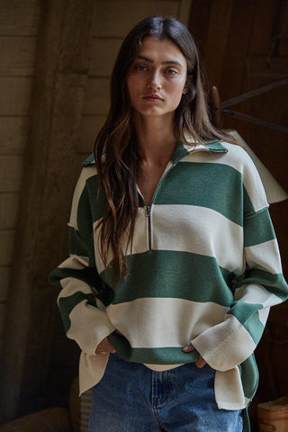 Fontaine Half Zip Long Sleeve Sweater / Green Ivory
