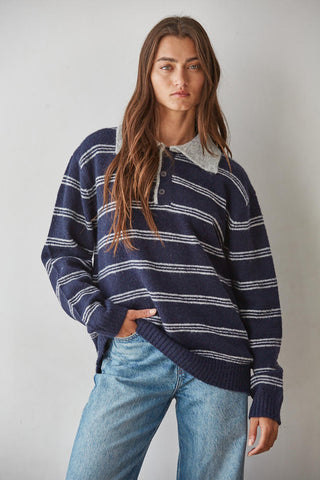 Harbor Striped Polo Sweater - Navy Grey