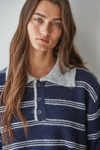 Harbor Striped Polo Sweater - Navy Grey