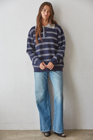 Harbor Striped Polo Sweater - Navy Grey