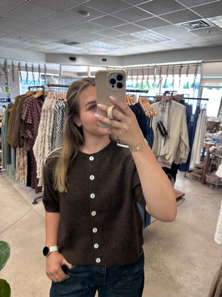 Brynn Button Down Cardigan - Espresso & White