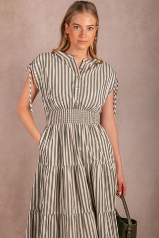 Clementine Striped Cotton Smocked Waist Dress - Green & Cream