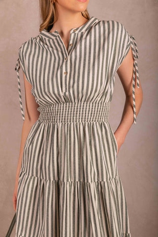 Clementine Striped Cotton Smocked Waist Dress - Green & Cream