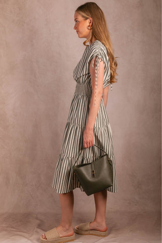 Clementine Striped Cotton Smocked Waist Dress - Green & Cream