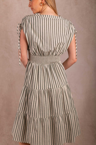 Clementine Striped Cotton Smocked Waist Dress - Green & Cream