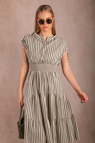 Clementine Striped Cotton Smocked Waist Dress - Green & Cream