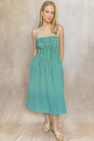 Ryland Gingham Print Smocked Bodice Dress- Dark Green