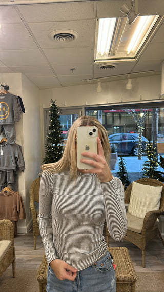 Emma Luxe Stripe Rib Crewneck Long Sleeve - Heather/Black Stripe // Perfect White Tee