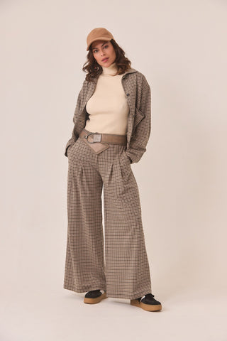 Dapne Wide Leg Knitted Houndstooth Trousers / Beige