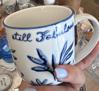 Blue & White Stoneware Mug w/ Saying