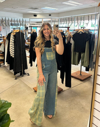 Summer Contrast Checker Denim Overalls