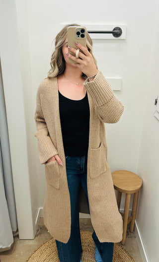 Yvonne Ribbed Knit Longline Sweater Cardigan / Camel / Wishlist