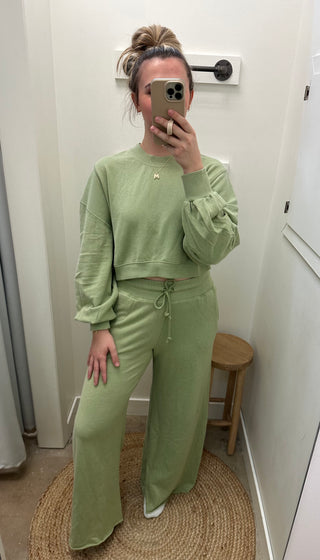 Nara Semi Cropped Crewneck and Wide Leg Pants Set- Mineral Green