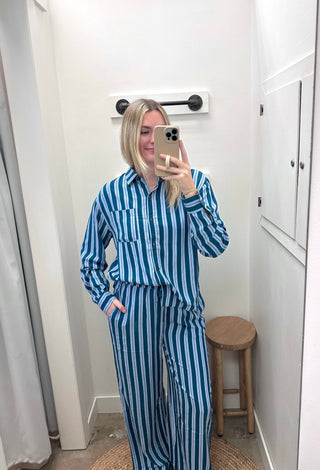 Girl Brunch Long Sleeve PJ Set - Deep Teal Stripe