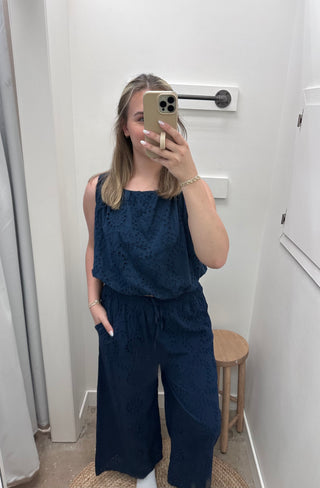 Milan Elastic Waistband Wide Leg Eyelet Pants