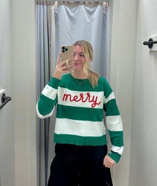 "Merry" Rope Stripe Pullover - Green/White