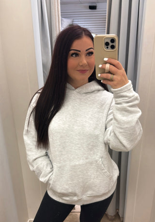 Perfect White Tee- Kourtney French Terry LS Hoodie with Kangaroo Pocket- Ash