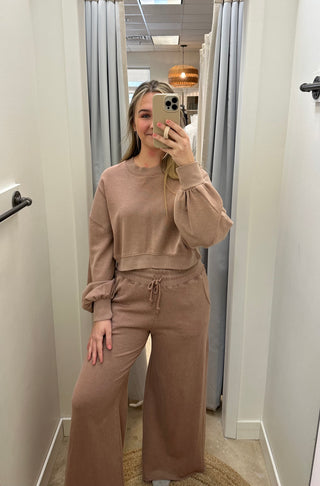 Nara Semi-Cropped Crewneck and Wide Leg Pants Set- Coffee