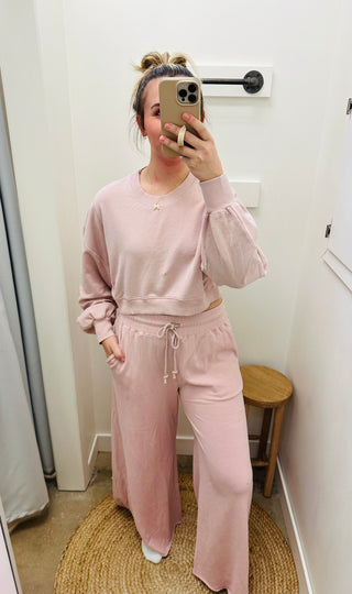 Nara Semi Cropped Crewneck and Wide Leg Pants Set- Powder Pink