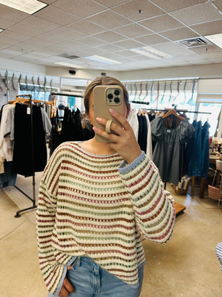 Birdie Striped Crochet Drop Shoulder Sweater / Blue Combo