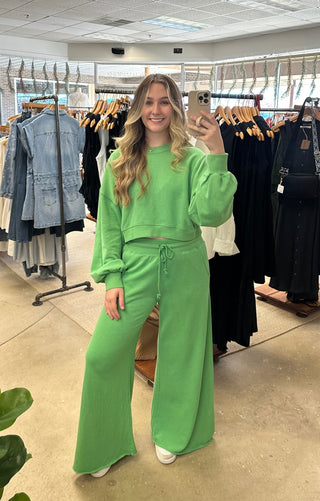 Nara Semi-Cropped Crewneck and Wide Leg Pants Set- Field Green