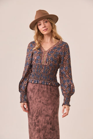 Electra Printed Blouse with Honeycomb Waist & Embroidery / Grape