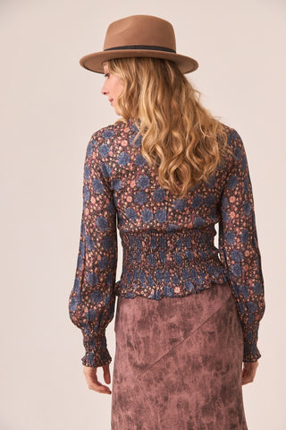 Electra Printed Blouse with Honeycomb Waist & Embroidery / Grape