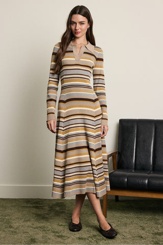 Rosey Striped Ribbed Knit Polo Midi Dress - Multi