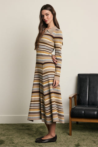 Rosey Striped Ribbed Knit Polo Midi Dress - Multi