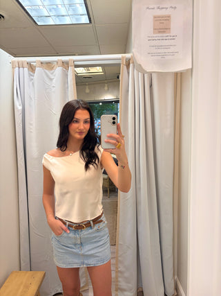 Sandy Satin Shoulder Top-Beige