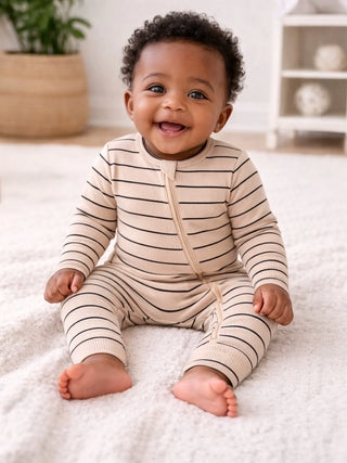 Tan/Black Stripe 2-Way Zip Romper