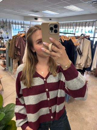 Alyssa V-Neck Button Down Cardigan - Burgundy/Grey