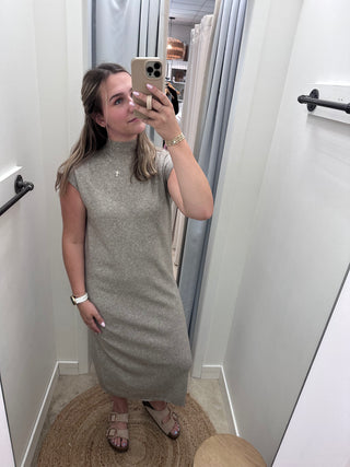 Daphne Cap Sleeve Mock Neck Midi Dress - Oatmeal