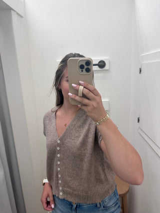 Emma Button Up V-Neck Vest - Mocha