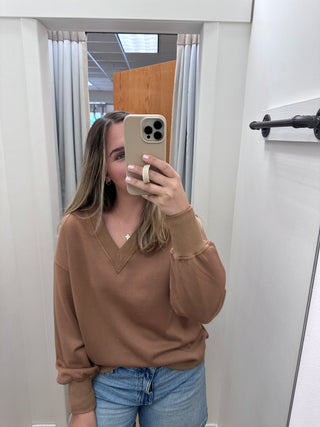 Bryce Butter Modal Ribbed Contrast V-Neck Pullover - Latte