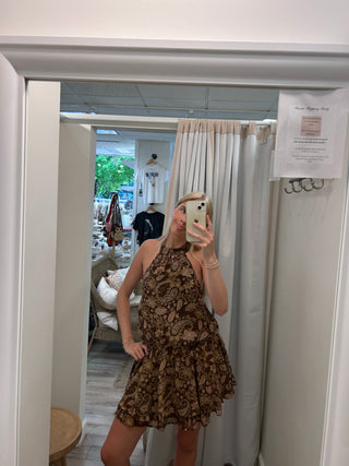 Printed Chiffon Mini Dress-Brown Multi//Needii