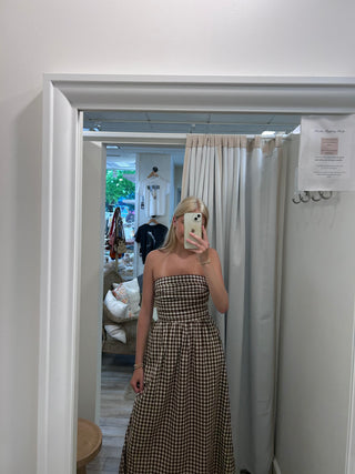 Gingham Tube Maxi Dress-Brown//Needii