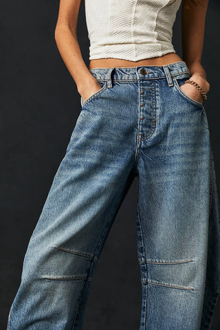 Free People Good Luck Mid Rise Barrel Jeans - Ultra Light Beam