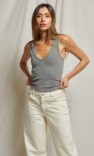 Perfect White Tee- Maria Structred Rib V-Neck Tank- Dark Heather Gray