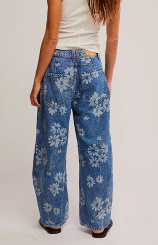 Free People Good Luck Printed Barrel Jeans - Laser Daisy