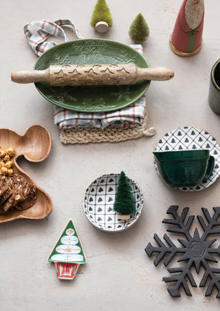 Stoneware Dish with Tree Pattern, Reactive Glaze