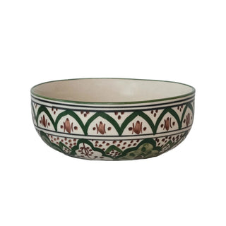 Hand-Painted Stoneware Bowl w/ Design, Cream Color, Brown & Green, 6 " Round