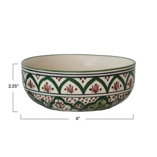 Hand-Painted Stoneware Bowl w/ Design, Cream Color, Brown & Green, 6 " Round