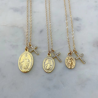 Gold Cross and Virgin Mary Necklace