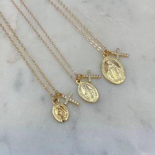 Gold Cross and Virgin Mary Necklace