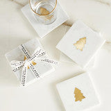 Square Marble Holiday Coasters with Gold Tree- Set of 4