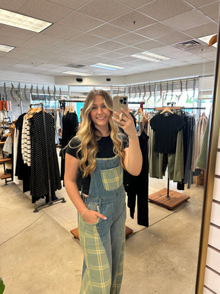 Summer Contrast Checker Denim Overalls